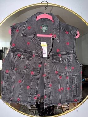 Wild fable Black Denim Vest with Red Embroidered Cherry Motif